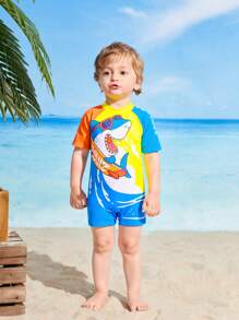 Baby Boys' Swimwear Cute Shark Print Knitted Fabric One-Piece Swimsuit, Stylish Leisure Outfit Suitable For Swimming, Vacation And Summer  Getaway,Holiday,Travel,Relax,Summer,Holiday