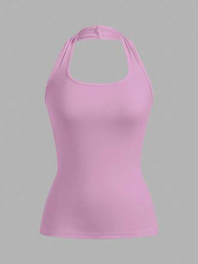 SHEIN EZwear Women's Purple Fitted Casual Halter Neck Racerback Tank Top, Suitable For Summer