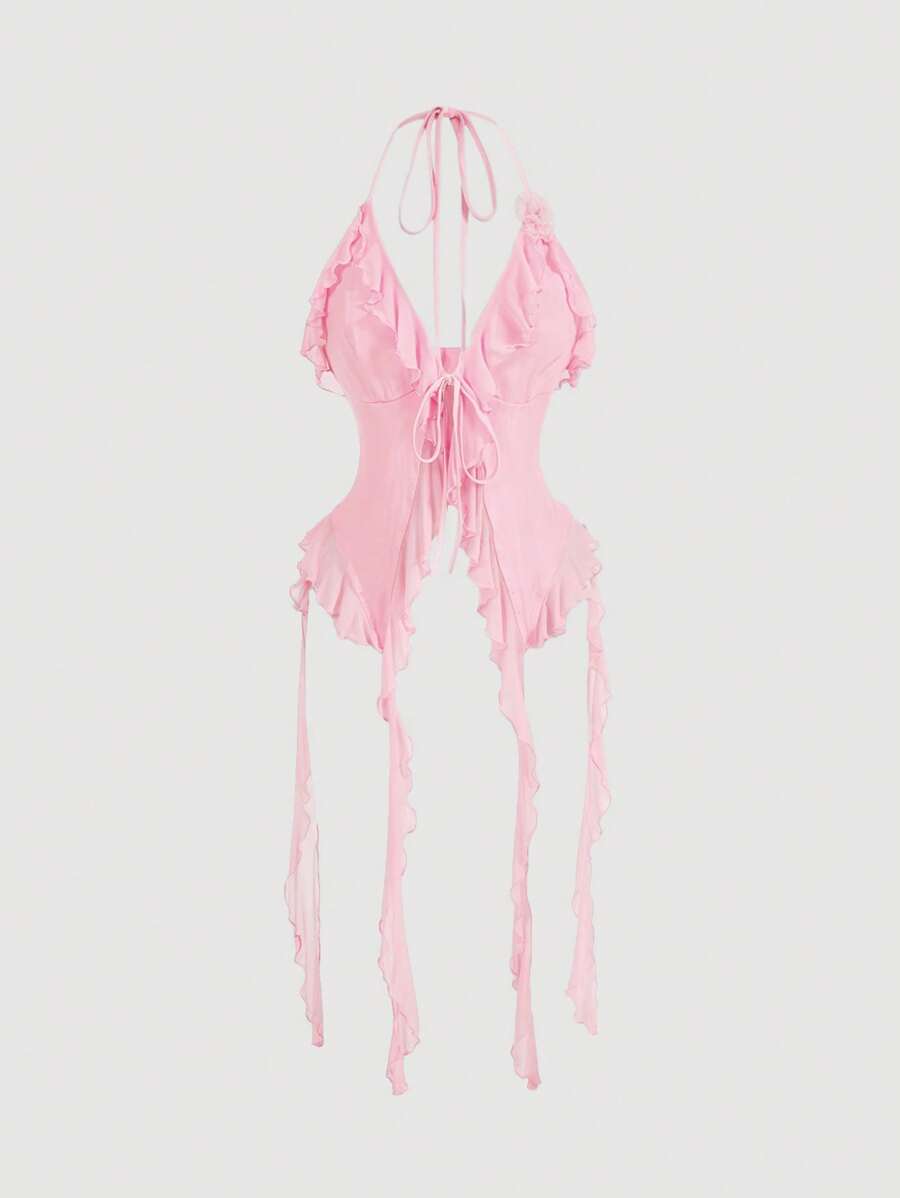 SHEIN MOD Summer Romantic Ruffle Edge Ribbon And 3D Flower Tie Neck Summer Women Tops Concert Sexy Pink - Baby Pink - View 1