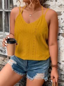 SHEIN Clasi 加大码纯色镂空刺绣休闲吊带背心，适合夏季 - 黃色 - 查看 4