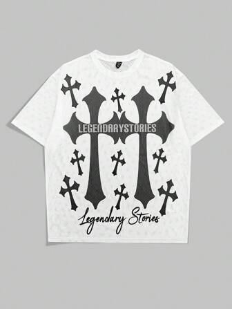 Goth Oversize Mesh T-Shirt mit Kreuz- und Englisch-Muster, Weiß-01, Marke