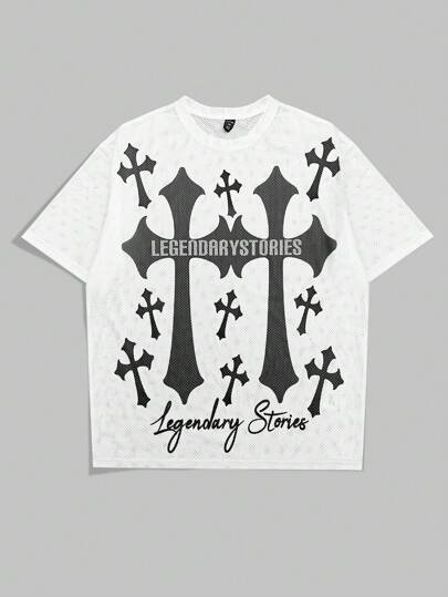 Goth Men Cross & English Print Oversized Mesh T-Shirt