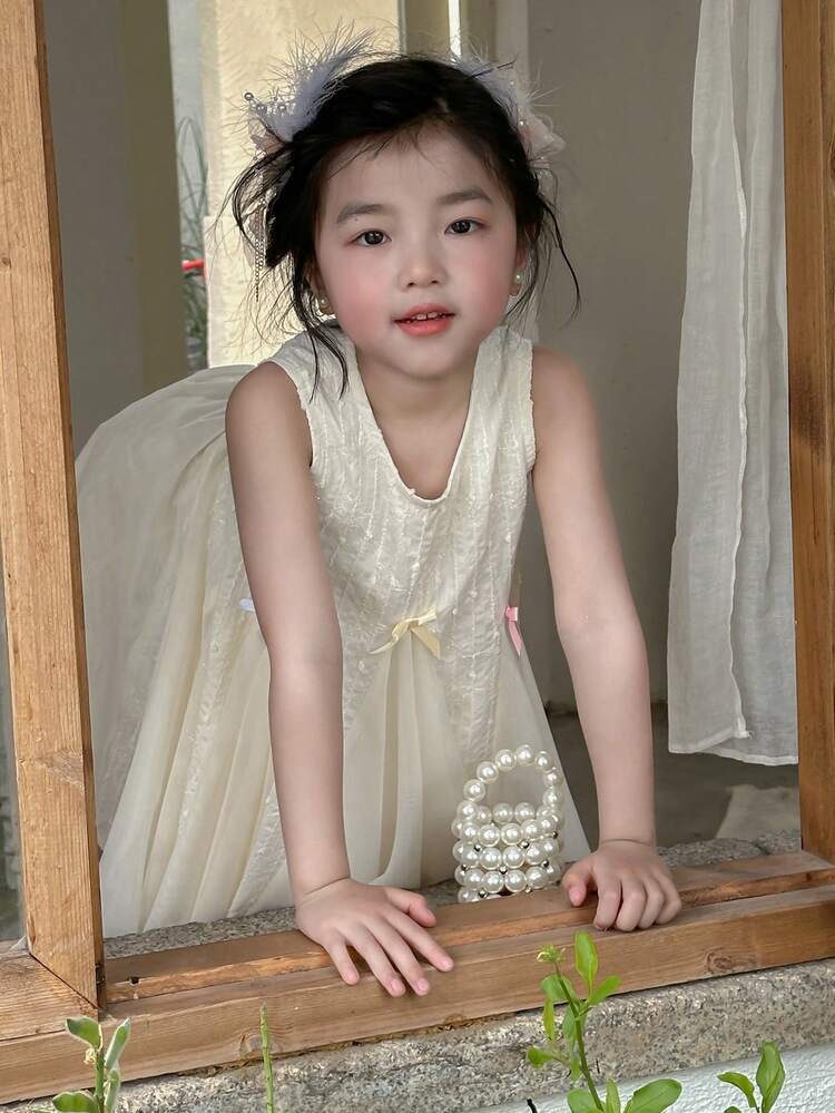 Young Girls Round Neck Sleeveless Mesh Skater Dress, Summer