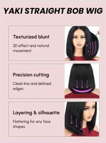 浅色 Yaki 直发无胶鲍勃假发 预剪 4x4 蕾丝前部真人发假发 预拔 可直接佩戴 短款鲍勃蕾丝闭合真人发假发 自然黑色