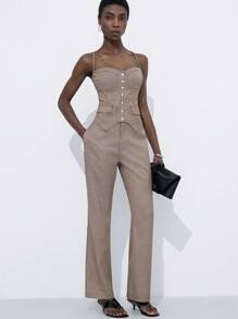 SHEIN Privé Nuevo conjunto de 2 piezas de top corto tipo bustier y pantalones de pierna acampanada a cuadros estilo vintage francés casual y relajado para mujeres jóvenes