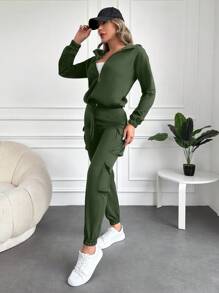 RueChic 2pcs Women Set: Solid Color Hooded Zip-Up Jacket And Elastic Waist Sweatpants - Army Green - View 4