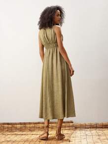 Maija Women's Olive Green Summer Boho Beach Holiday Dress,Minimalist Textured Pleated Flowy Long Dresses For Women,Casual Hawaii Vacation Outfits,Modest - Pink - View 3