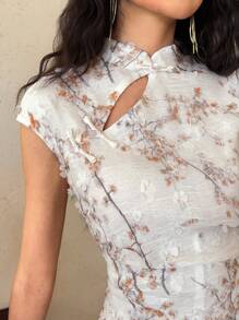 EastFlair 女式中国风花卉印花束腰迷你连衣裙，夏季