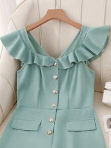 SHEIN Clasi Mono elegante de mujer de unicolor con mangas cortas y media solapa - Verde - Ver 3