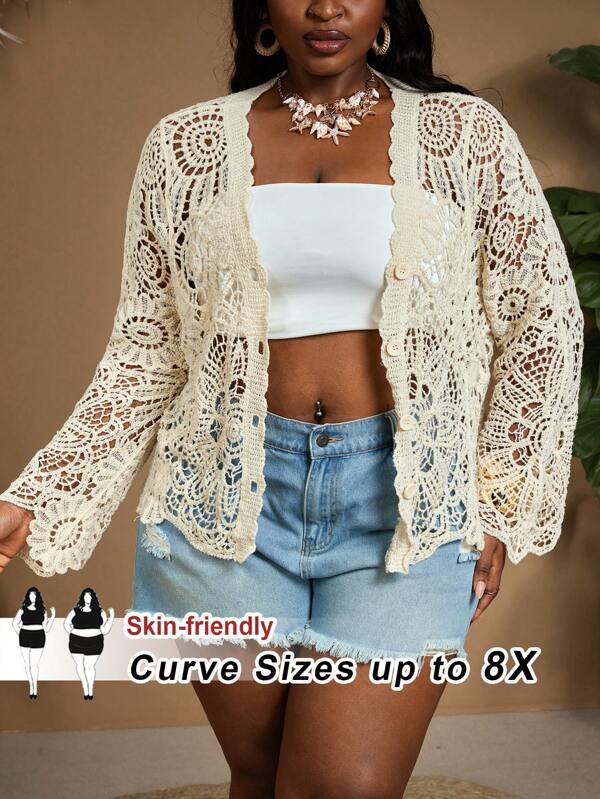 SHEIN CURVE+ Plus Size Solid Front Button Long Sleeve Lace Hollow Casual Blouse, Everyday Wear Vacation Outfits Woman Summer Outfits For Women Beach Outfits For Woman Spring Outfits For Women Teacher Outfits For Women Beach Vacation Outfits Tropical Vacation Woman Clothes Carnaval,Curve Plus ,Hoho Vacation