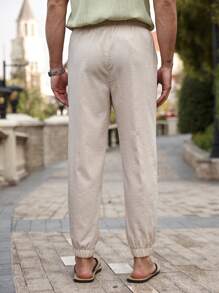 Manfinity RSRT 男式纯色抽绳腰口袋休闲慢跑裤 - 米色 - 查看 2