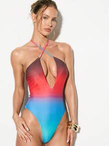 KIZN Designer Ombre One Piece Swimsuit Halter Neck Cross Back Cut Out Monokini Beach Pool Summer Swimwear High Cut Brazilian Bottom - Multicolor - View 1