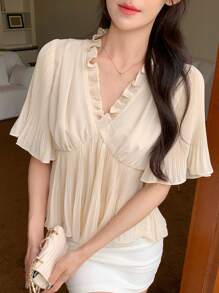 DAZY Women's Solid Color Pleated Ruffle Trim Short Sleeve Elegant Vacation Summer Blouse - Apricot - View 5