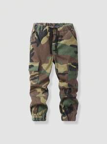 SHEIN Young Boy Retro Casual Street Style Loose Comfortable Multi-Pocket Drawstring Waist & Ankle Zipper Camo Cargo Jeans Pants - Army Green - View 1