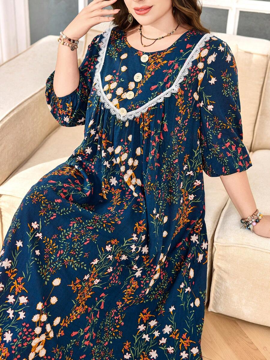 Lacomfia Plus Size Women's Floral Print Long Lantern Sleeve Ruffled Hem Arabic Style Dress Fall - Multicolor - View 1