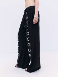 LYSMO 男女通用时尚前卫索环设计宽松阔腿运动裤 - 黑色 - 查看 3