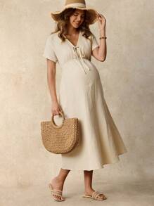 SHEIN Maternity Casual Solid Color Textured Front Tie Midi Dress, Summer Boho - Apricot - View 1