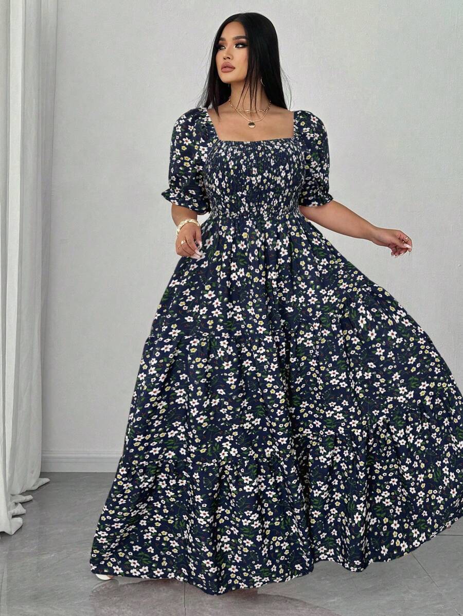 SHEIN Clasi 加大码 V 领褶饰腰部碎花连衣裙，适合夏季 - 藏蓝色 - 查看 1