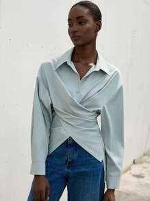 Aveloria Modichic Solid Criss Cross Wrap Front Shirt Workwear  Fall Cloth For Women - Blue - View 5