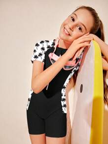 SHEIN DSDT03-12 Tween Girls Short Sleeve Zipper One-Piece Swimsuit, Fashionable For Summer Summer Holiday