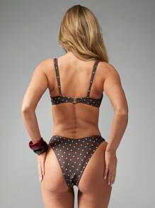 MISSGUIDED Retro Polka Dot Two Piece Swimsuit Bandeau Bikini Set With Decorative Flower Detail High Cut Beach Vacation Pool Summer Resort Wear - Brown - View 2