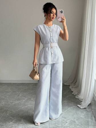 Rafferiza 2件套：无袖条纹衬衫配腰带+条纹阔腿裤，时尚新风尚