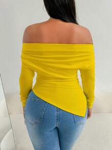 VaVaBold Off-Shoulder T-Shirt With Gathered Shoulders And Asymmetrical Hem - Yellow - View 2