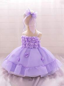 Vestido de princesa sin mangas con capas de malla floral elegante púrpura con moño en la espalda para bebé niña, conjunto adorable para boda, fiesta, cumpleaños y aniversario de bebé niña - Morado - Ver 5