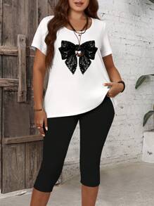 2 件套大码女式蝴蝶结装饰印花圆领短袖 T 恤和 3/4 长裤，乡村音乐会服装，波西米亚风女装，女士夏季服装 - 彩色 - 查看 3