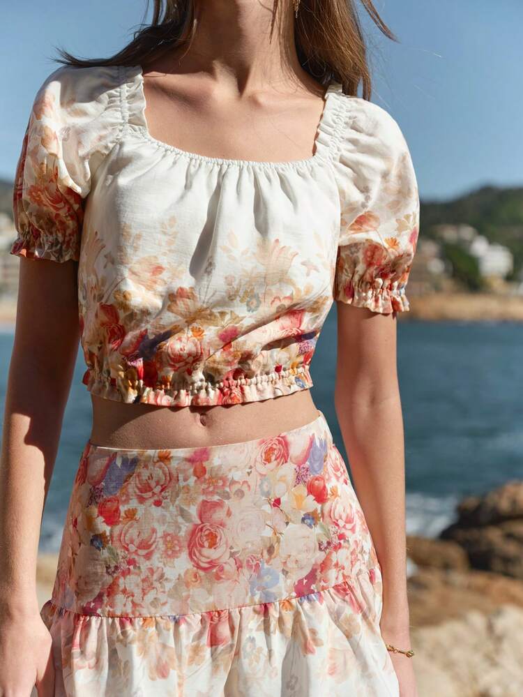 LINEN FLORAL PRINT PUFF SLEEVE BLOUSE