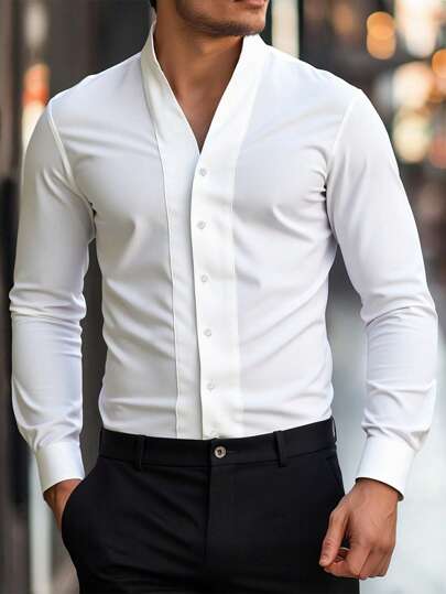 Manfinity Bizformal Camisa abotonada de unicolor con diseño de parches, estilo casual y elegante para hombres. Camisa casual para hombres, adecuada para uso diario, salir, deportes y ocio, escuela, fiesta, festival de música, boda, trabajo. Puede ser un regalo para amigos, novios, camisas casuales de negocios para hombres, camisas de vestir para hombres, camisas ajustadas para hombres, otoño