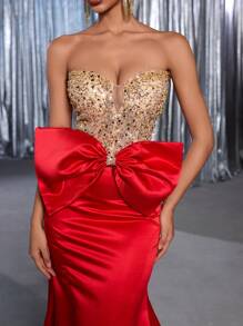 Glamrae Elegant Luxury Beaded Sequin Sexy Strapless Butterfly Decor Mermaid Dress With Trailing Train, Suitable For Wedding, Party, Prom, Evening Gown (Heavy-Duty Design)