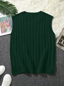 Claim Dot Men's Solid Color V-Neck Sleeveless Minimalist Knit Vest, Casual Daily Wear, Fall/Winter - Dark Green - View 2