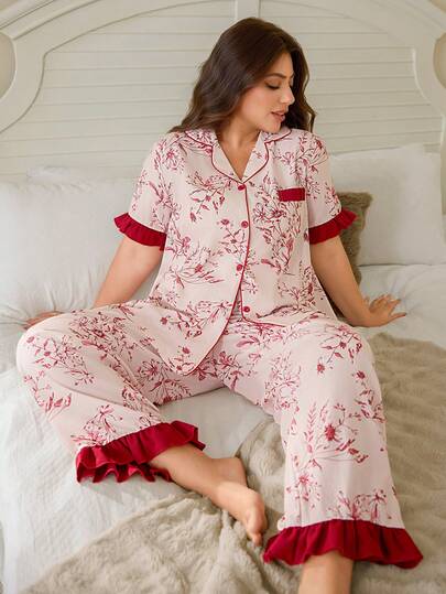 SHEIN Plus Size Print Collar Cardigan Bubble Chiffon Color Block Pajama Set Women S Pajama Women S Pajama Pants Women Clothing Lingerie Women Nighty Women Pj Set Short Floral Pajama Set Women Pajama Set Plus Size Pajama Set Frill Trim Pajama Set