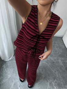 SHEIN Clasi 2件套女士夏季条纹前系带吊带背心和长裤 - 紅色 - 查看 7