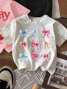 SHEIN ModeFlare Wear 3pcs Young Girl Casual Minimalist Cartoon Bow & Cherry Letter Print Short Sleeve T-Shirt, Available In Black, White And Pink, Suitable For Summer And Autumn, School, Campus, College - Multicolor - View 4