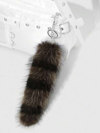 Grunge Punk 1pc Y2K Retro Stylish Chic High-End Brown Striped Faux Fur Animal Tail Key Chain Pendant, Suitable For Women/Girls Everyday Wear, Holiday Gift