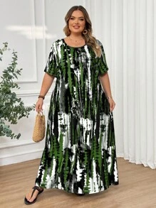 SHEIN CURVE+ Plus Size Casual Loose Tie-Dye Print Long Dress With Pocketsbeach Outfits For Woman/Beach Dress/Beach Vacation Outfits/Beach Essentials / Graduation/Tea Party Dress - Green - View 7