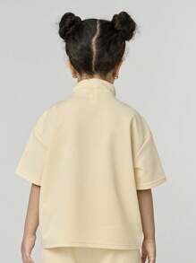 SHEIN Explorewe Young Girl Fashion Letter Print Lapel Short Sleeve Top And Loose Shorts Set,Summer Sport Back-To-School Classic Playful Design Outfit - Apricot - View 3