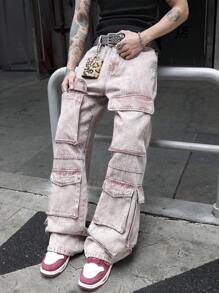 Manfinity EMRG Men's Cargo Pocket Wide Leg Relaxed Fit Casual Versatile Jeans - Dusty Pink - View 7