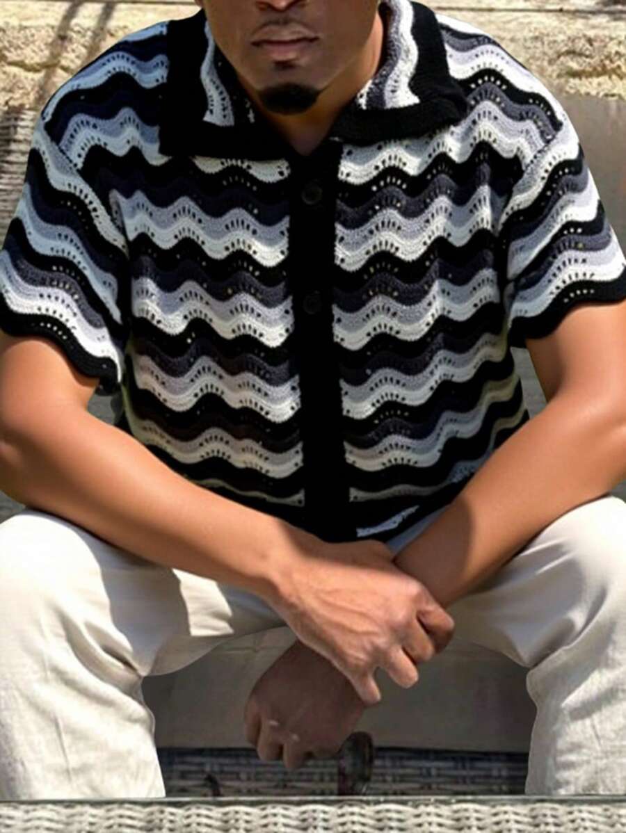 Manfinity Homme Men's Summer Casual Contrast Color Button Front Hollow Out Knit Top - Black and White - View 1