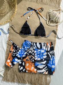 Swim Vcay 3pcs/Set Women Summer New Random Print Micro Triangle Top, Strappy G-String And Hollow Out Twist Beach Dress Swimsuit Sets - Multicolor - View 2