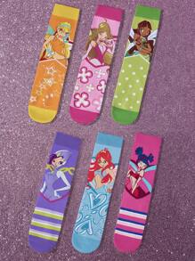 The Winx X SHEIN 3 paia di calze a mezza gamba da donna con motivi asimmetrici a cartoni animati, calze a righe magiche morbide e traspiranti con punta e tallone rinforzati, versatili per tutte le stagioni