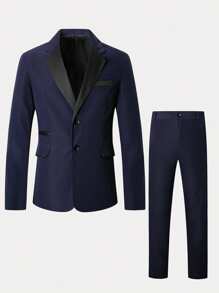 Manfinity Mode 男士撞色翻领长袖西装外套和裤子套装 - 藏蓝色 - 查看 5