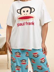 Paul Frank X SHEIN 大码女式经典宽松舒适卡通印花白色上衣和蓝色裤子睡衣套装