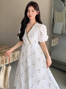 DAZY Vestido largo con mangas abullonadas bordado para mujer, primavera/verano - Blanco - Ver 8