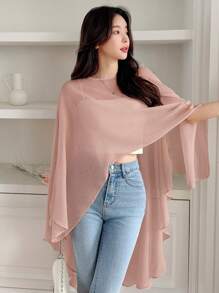 DAZY 女士雪纺衬衫，轻盈纯色套头不对称衬衫，春夏长袖