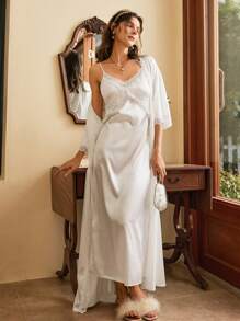 Côtesoire Lace Trim Satin Women's Pajama Set Holiday Season - White - View 3