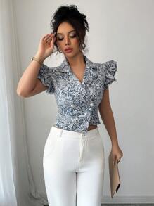 Chiquease Summer Elegant Jacquard Asymmetric Blazer With Cap Sleeves - Blue - View 6