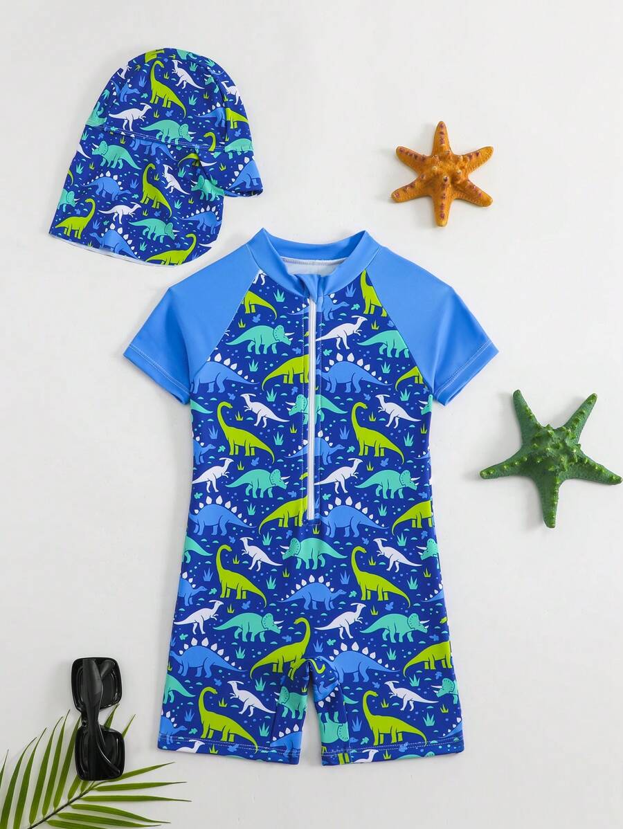 Traje de baño de una pieza sin mangas con estampado de dinosaurios y shorts para niño pequeño, estampados aleatorios (incluye gorra) - Set de 2 piezas para niños pequeños, ropa de playa para niños, trajes de baño para niños - Multicolor - Ver 1